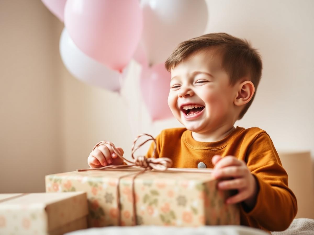 PLACEHOLDER — replace with an approved Birthday Village photo: a child laughing while opening a birthday gift.