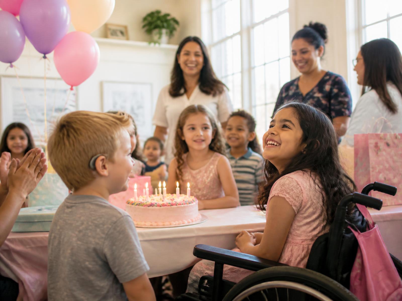 PLACEHOLDER IMAGE — replace with a photo from an actual Birthday Village celebration. Shown: children and caregivers gathered around a birthday cake, including a child in a wheelchair and a child wearing a hearing aid.